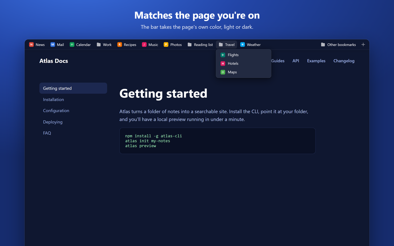 The bar rendered in dark colours over a dark documentation site, with a Travel folder open