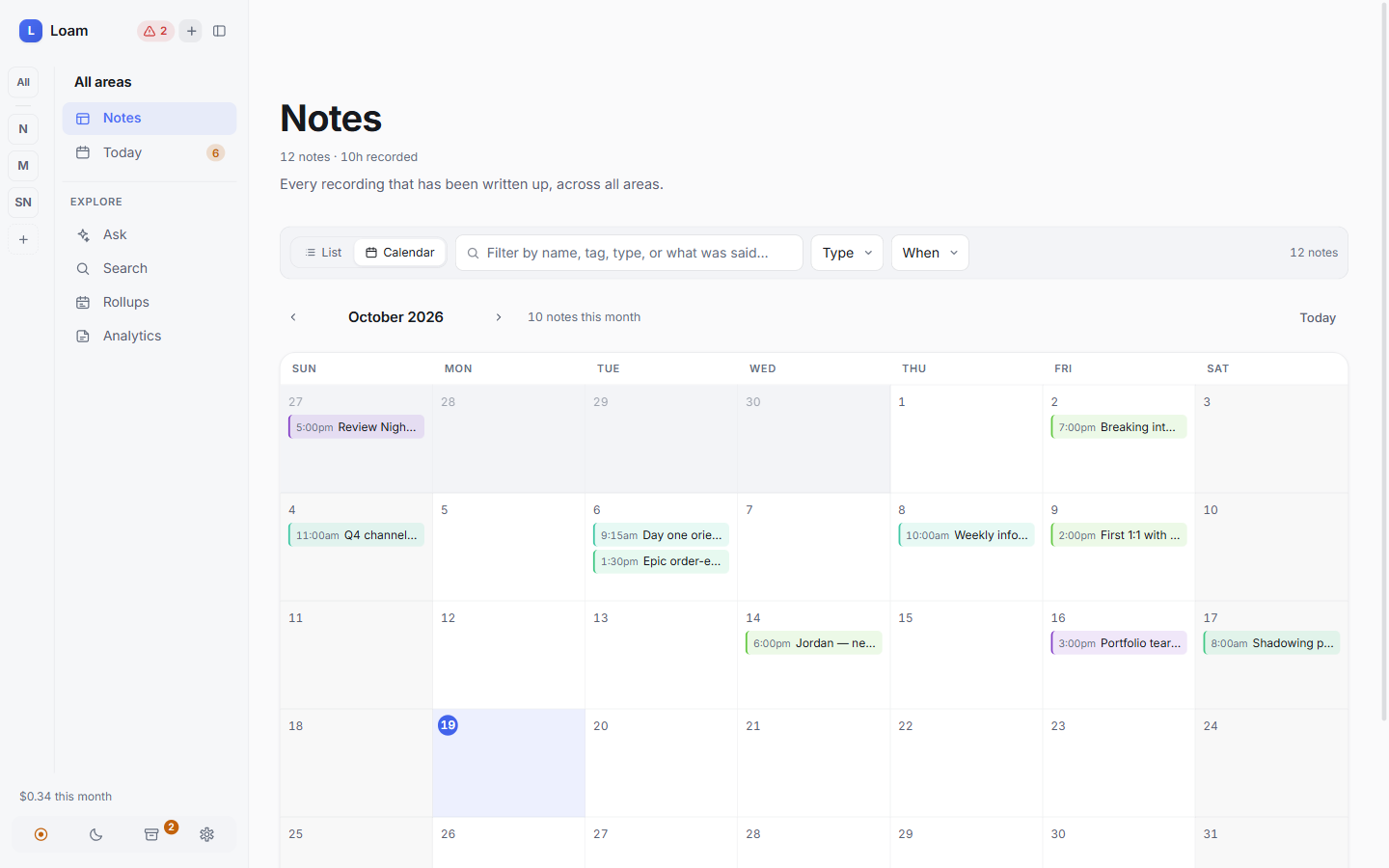 Month calendar with meetings placed on the days they were recorded