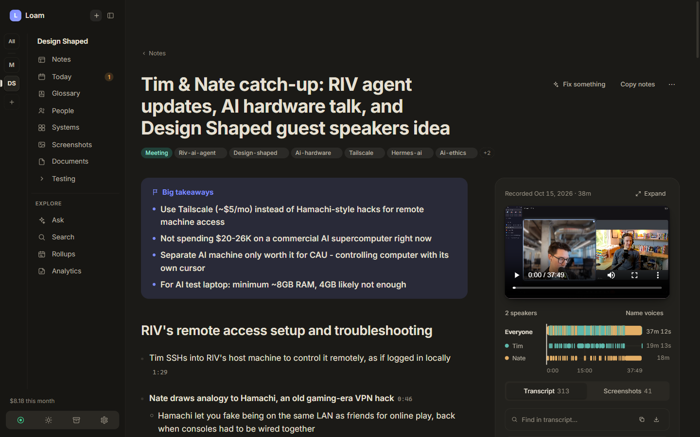 A Loam note in dark mode: the recorded video call beside a speaker timeline showing who talked when