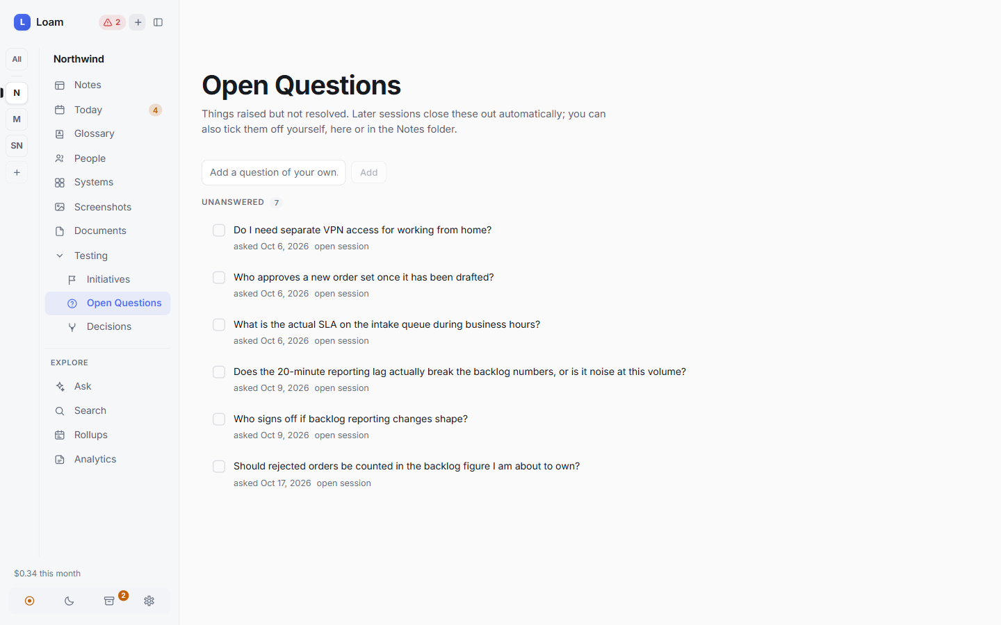 Open questions list, each with the date it was asked and a link to its session