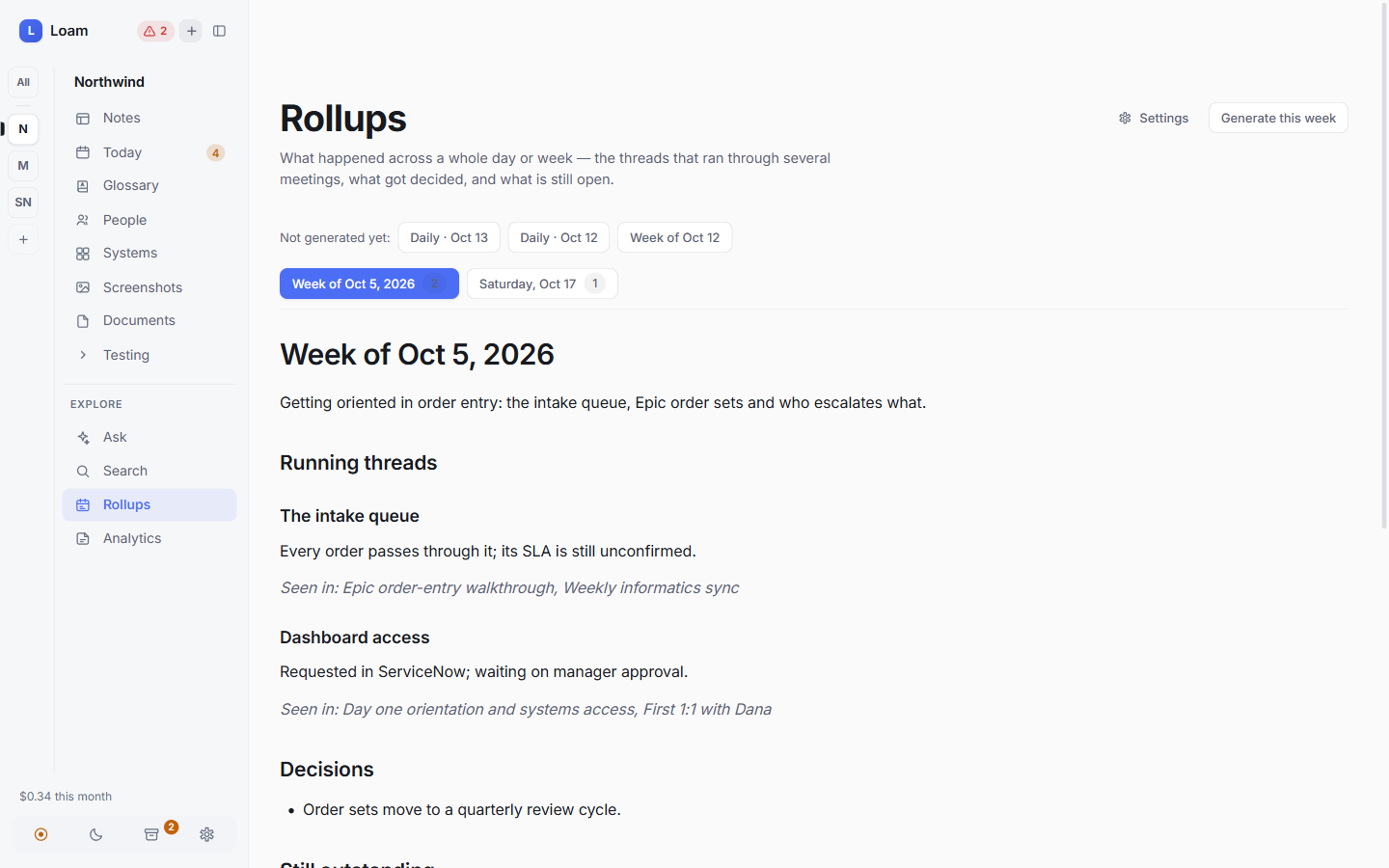 Weekly rollup with running threads, decisions and what is still outstanding