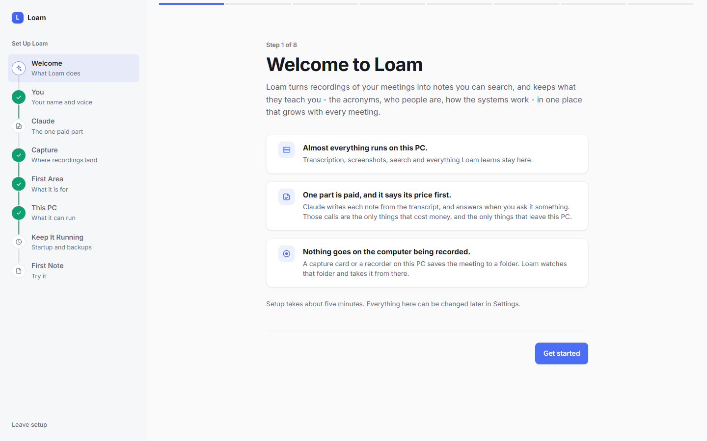 Setup wizard welcome step explaining what runs locally and what costs money