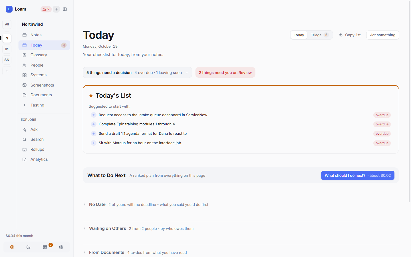 Loam's Today page with a checklist of action items from recent meetings