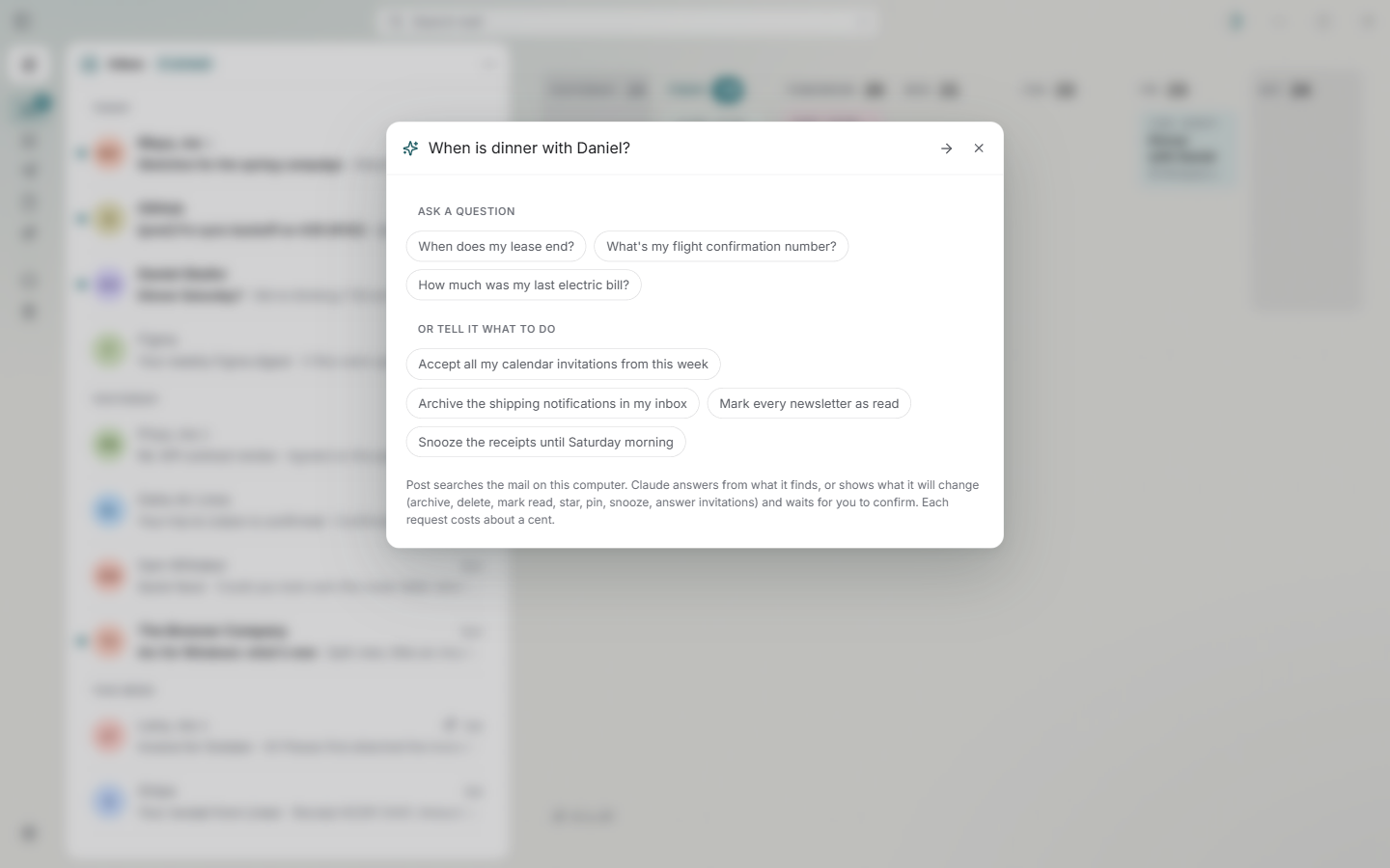 AI assistant panel with suggested questions and commands such as archiving shipping notifications