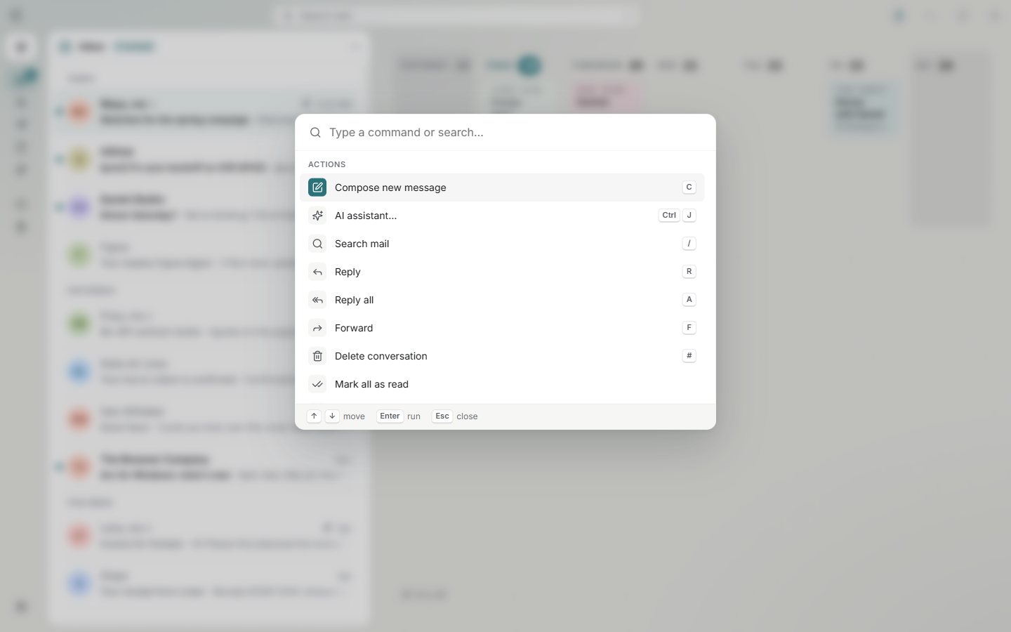 Command palette listing actions such as Compose, Reply and Forward with their keyboard shortcuts
