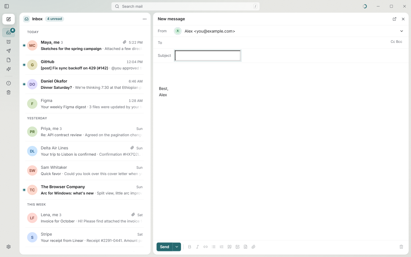 New message composer with From, To and Subject fields, formatting toolbar and a signature