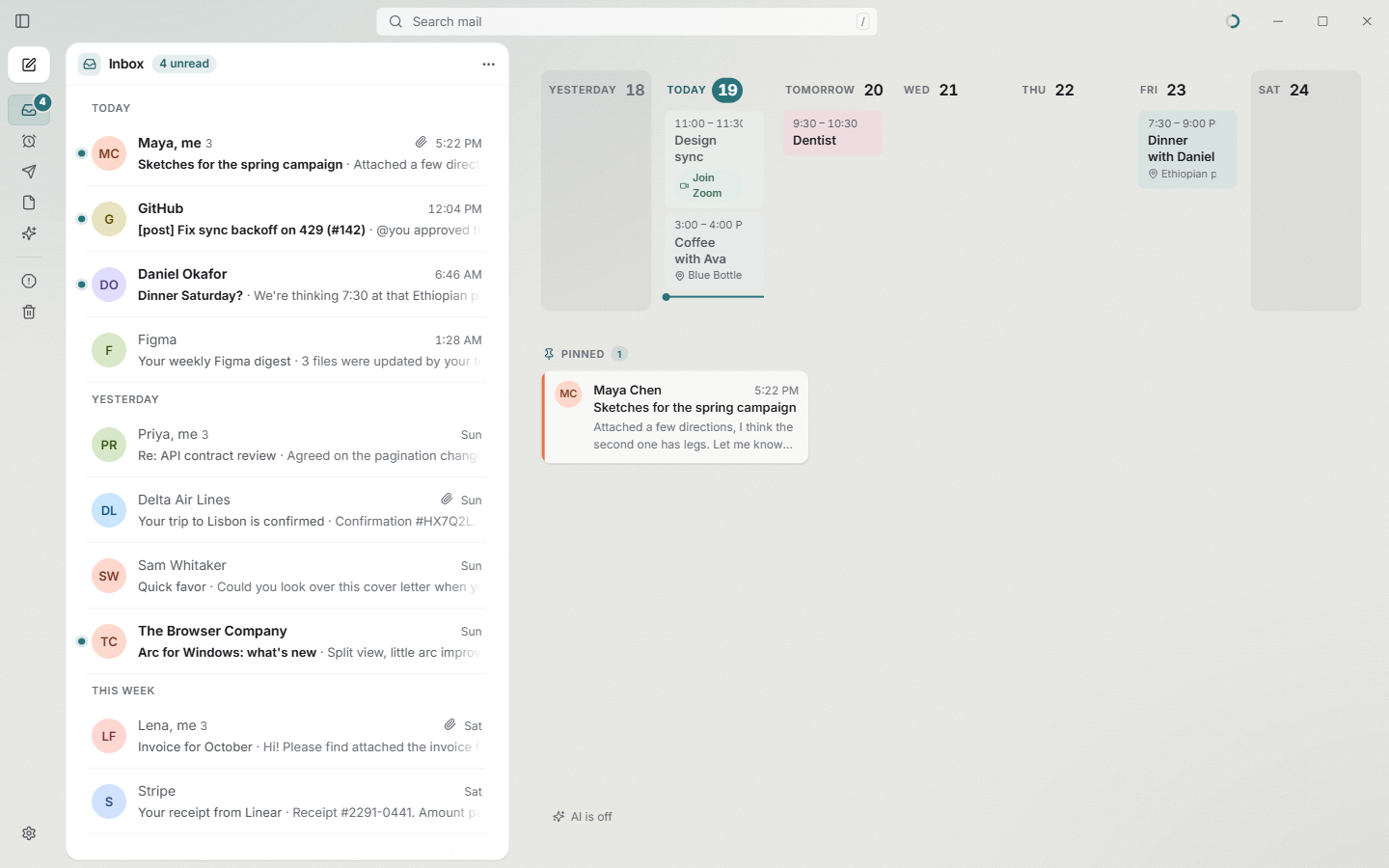 Post's inbox: a threaded message list beside a week calendar strip and a pinned email