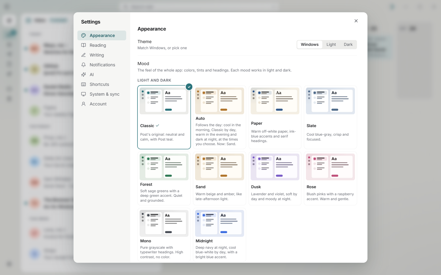 Appearance settings showing a grid of moods such as Classic, Paper, Slate and Forest