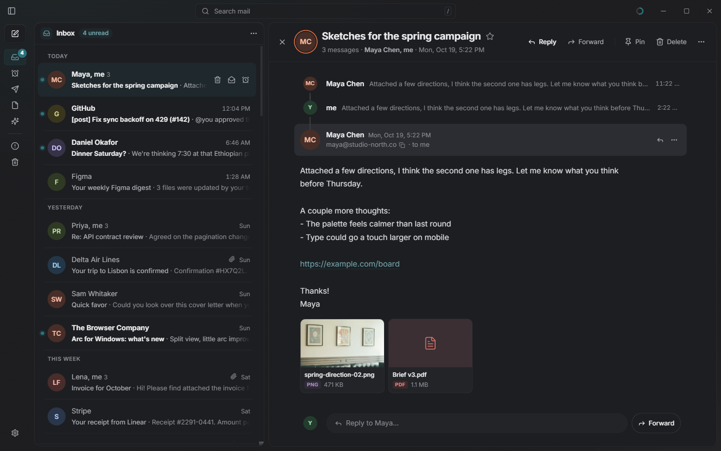 The same email thread in dark mode, with the message body recoloured to match