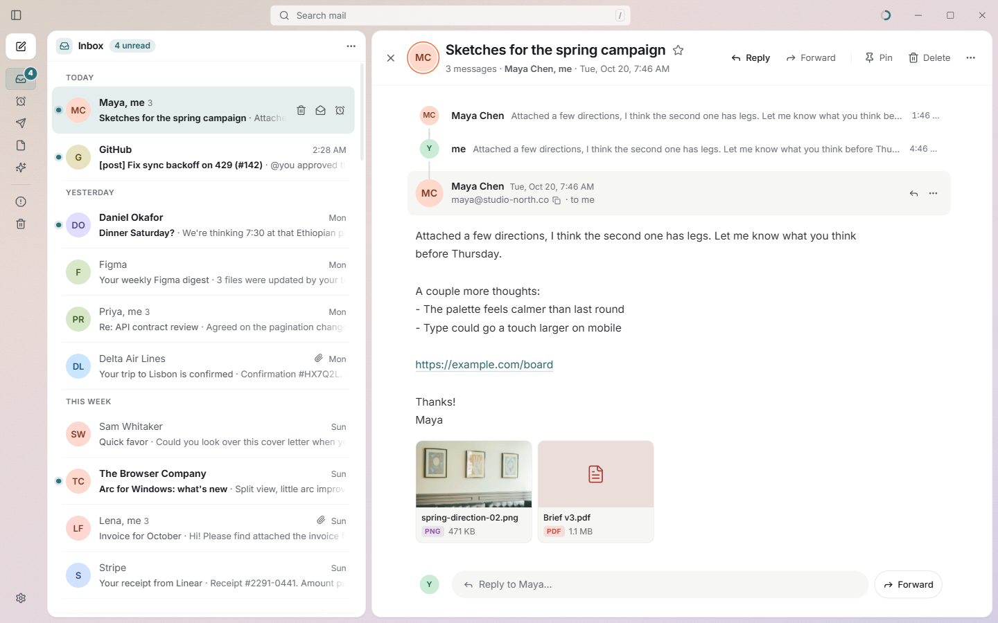 Post with the Dawn gradient background: inbox list beside an open email thread with attachments