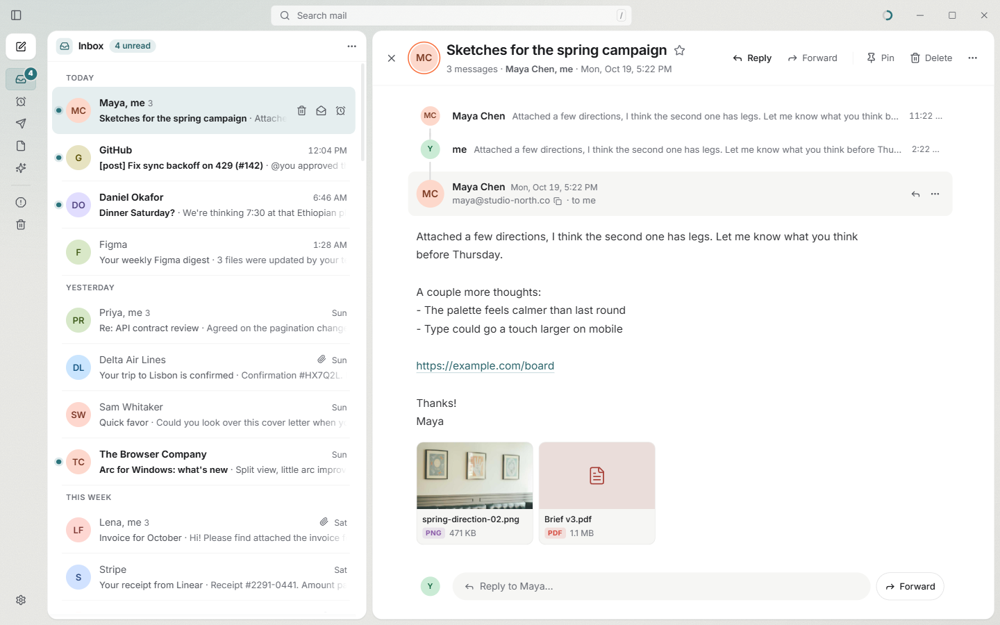 An open email thread with collapsed earlier messages and image and PDF attachments